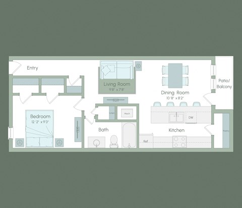Floor plan for 1 bed, 1 bath, 657 sqft